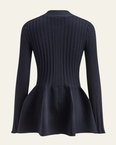 Cardigan donna con peplo che esalta la silhouette, maglia elegante e femminile. Abbigliamento versatile.