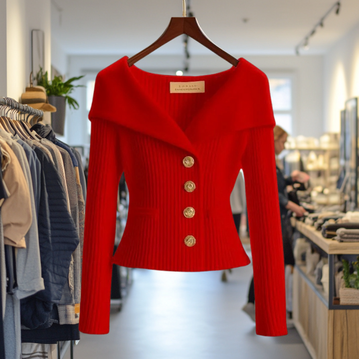 Elegante cardigan donna con scollo ampio e preziosi bottoni gioiello. Maglieria aderente per la moda.