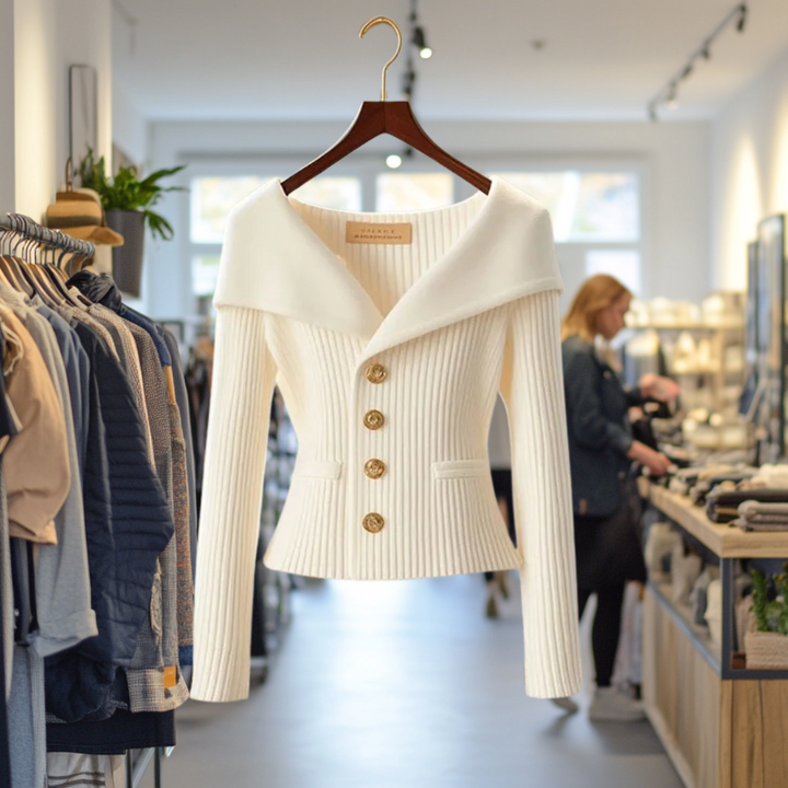 Moda donna autunno: cardigan elegante con scollo ampio e scintillanti bottoni gioiello. Maglieria fine.