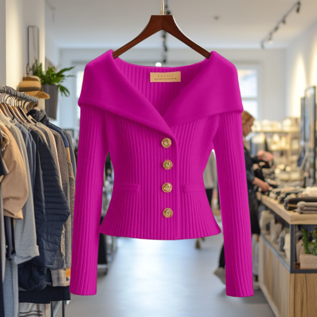 Cardigan elegante per donna, maglieria con scollo ampio e brillanti bottoni gioiello. Vestibilità aderente.
