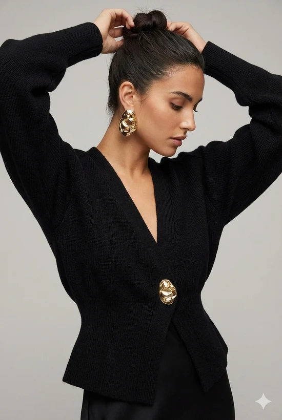 Cardigan nero donna in maglieria, scollo a V e dettaglio gioiello. Ideale per un look versatile e alla moda.