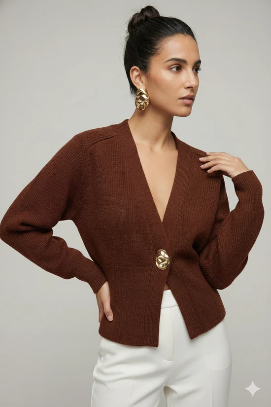 Chic cardigan donna rosso scuro con scollo a V, dettaglio gioiello. Perfetto per abbigliamento autunnale versatile.