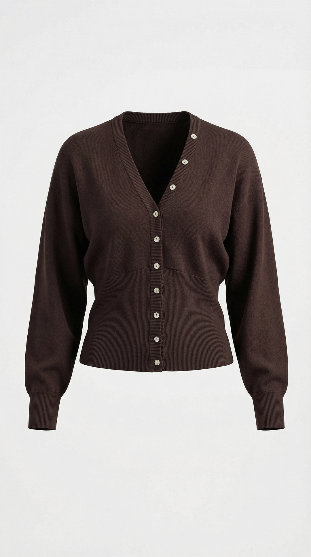 Cardigan donna marrone con vita definita, bottoni frontali. Stile elegante e moderno, per autunno inverno.
