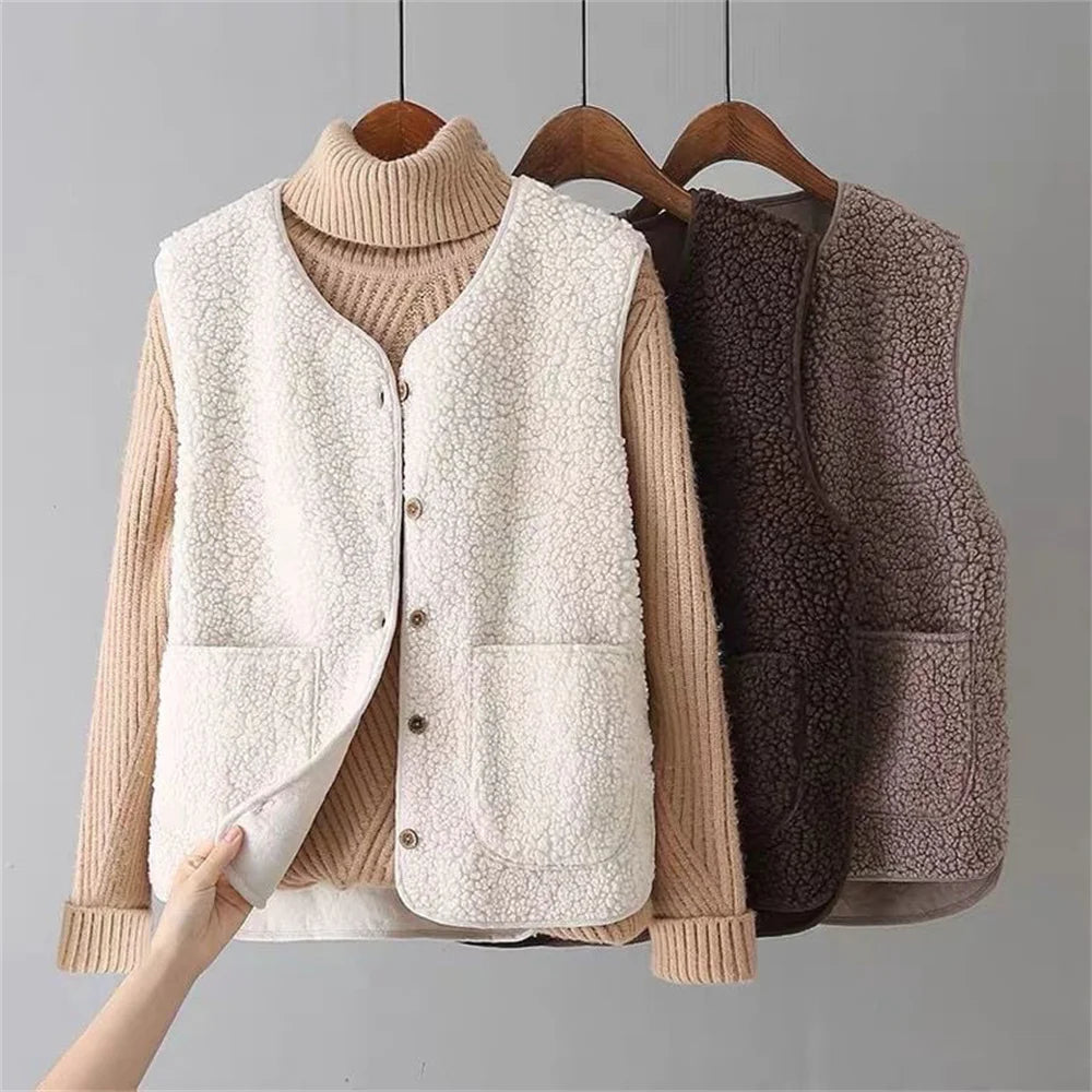 Cardigan smanicato donna elegante con bottoni e tasche, perfetto per autunno inverno.