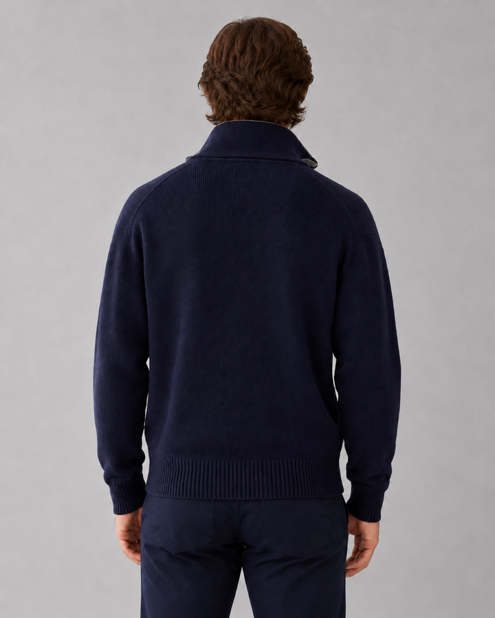 Caldo cardigan uomo collo alto full-zip, ideale per l'inverno. Maglia versatile e confortevole blu scuro.