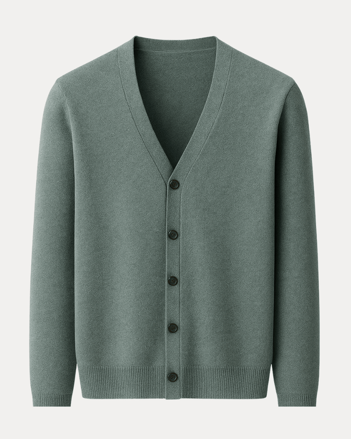 Morbido cardigan da uomo in maglieria, scollo a V e bottoni. Ideale per uno stile confortevole ed elegante.
