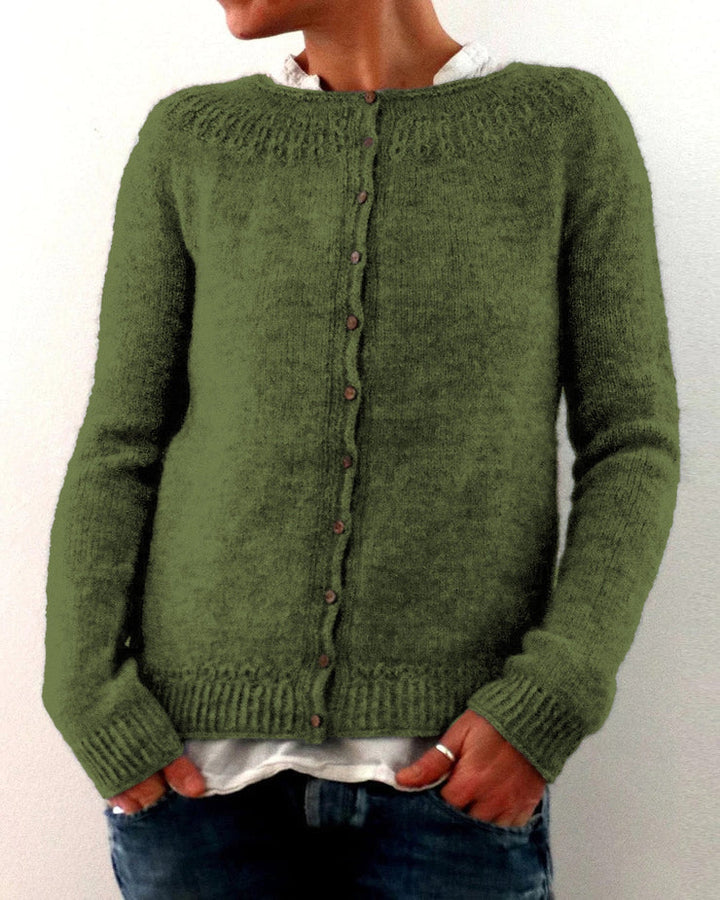 Cardigan da donna verde elegante con bottoni e scollo girocollo, perfetto per look casual o ufficio primavera/autunno.