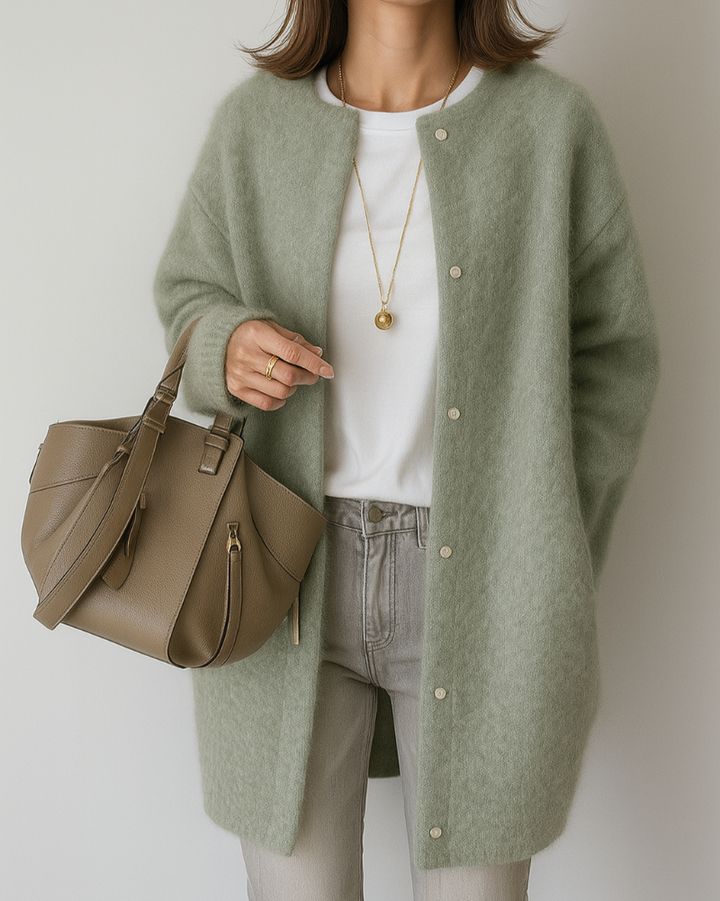 Elegante cardigan femminile invernale con bottoni, ideale per un outfit casual o formale. Maglione versatile.