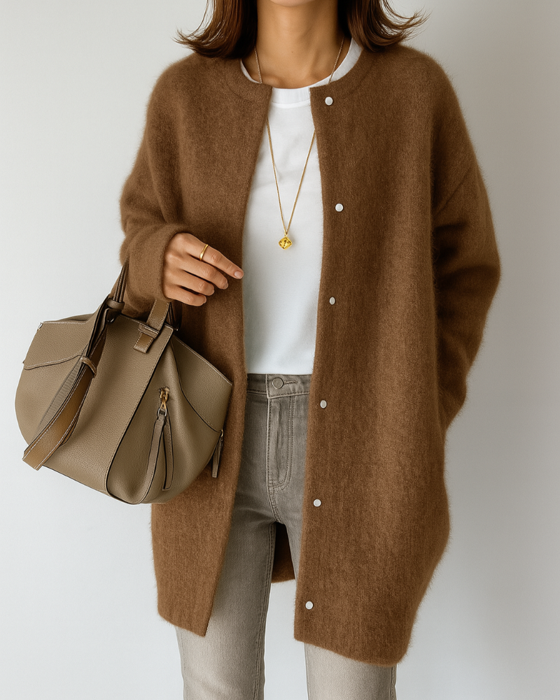 Cardigan femminile e chic invernale, con collo rotondo e bottoni. Un capo spalla essenziale per la stagione fredda.