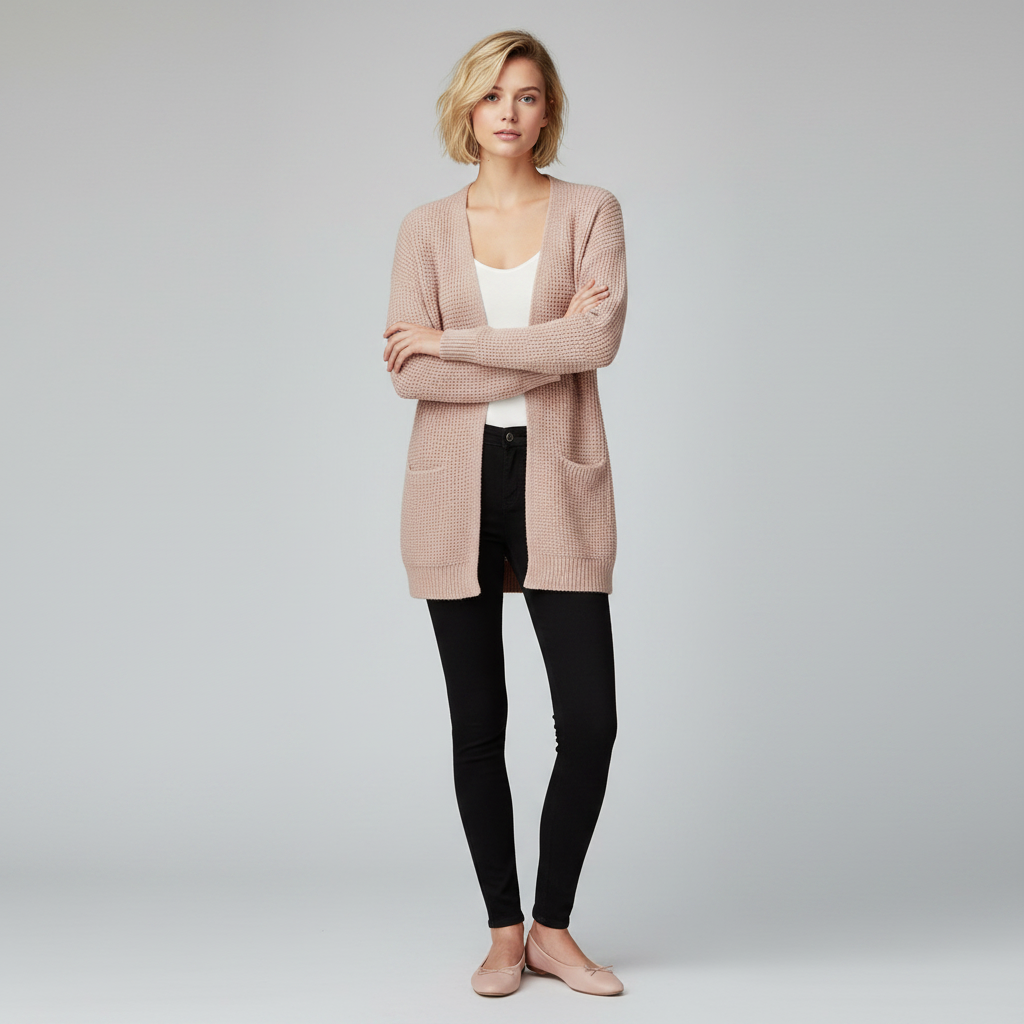 Cardigan lungo donna, design moderno aperto e con tasche, capo versatile per moda autunnale.