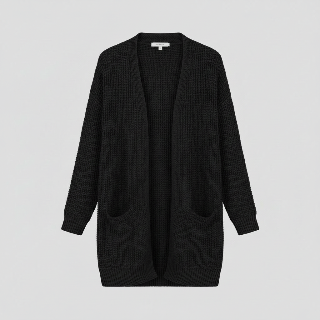 Cardigan lungo rosa da donna, aperto e con tasche, per un tocco di colore alla moda primavera.