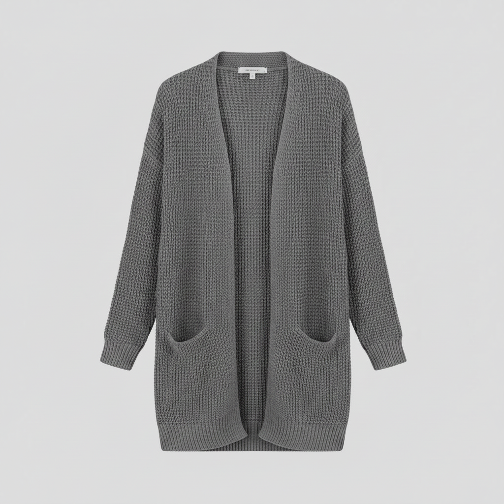 Comodo cardigan lungo da donna, aperto e con tasche, ideale per stratificare look primaverili.