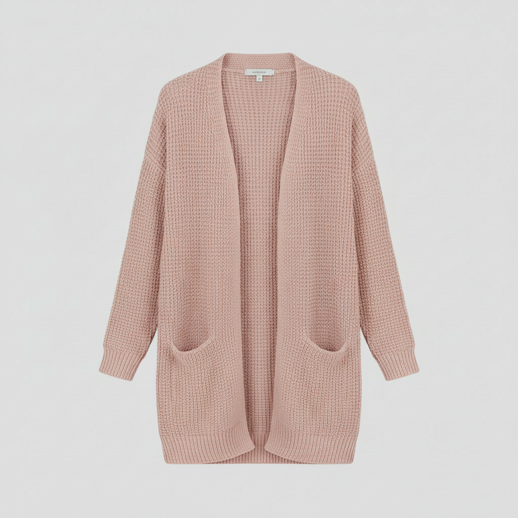 Cardigan donna lungo, aperto sul davanti, con ampie tasche frontali, per un outfit chic o casual.