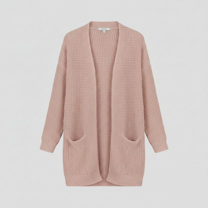 Cardigan donna lungo, aperto sul davanti, con ampie tasche frontali, per un outfit chic o casual.