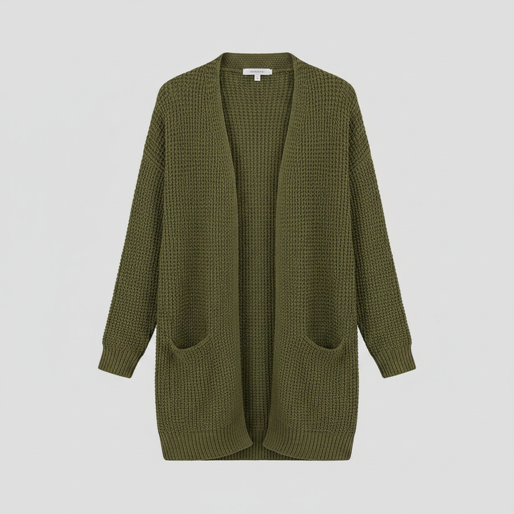 Cardigan nero lungo donna, aperto sul davanti e con tasche, un capo versatile per ogni guardaroba.
