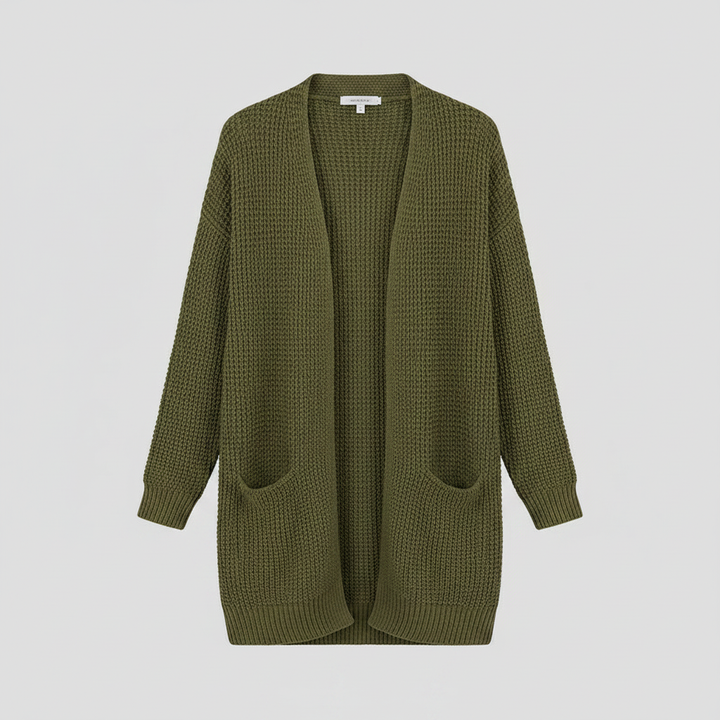 Cardigan nero lungo donna, aperto sul davanti e con tasche, un capo versatile per ogni guardaroba.
