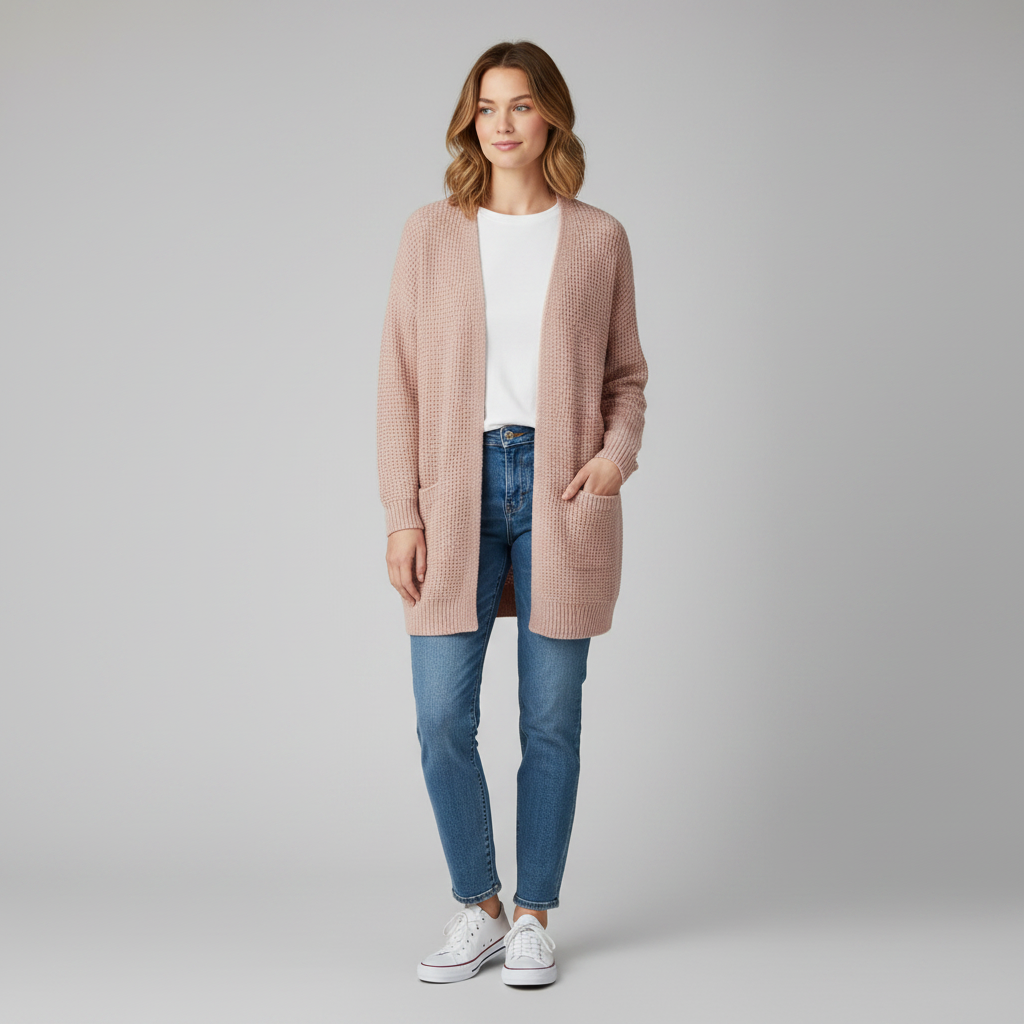 Cardigan donna verde lungo e aperto, con tasche frontali, perfetto per un look casual primavera.