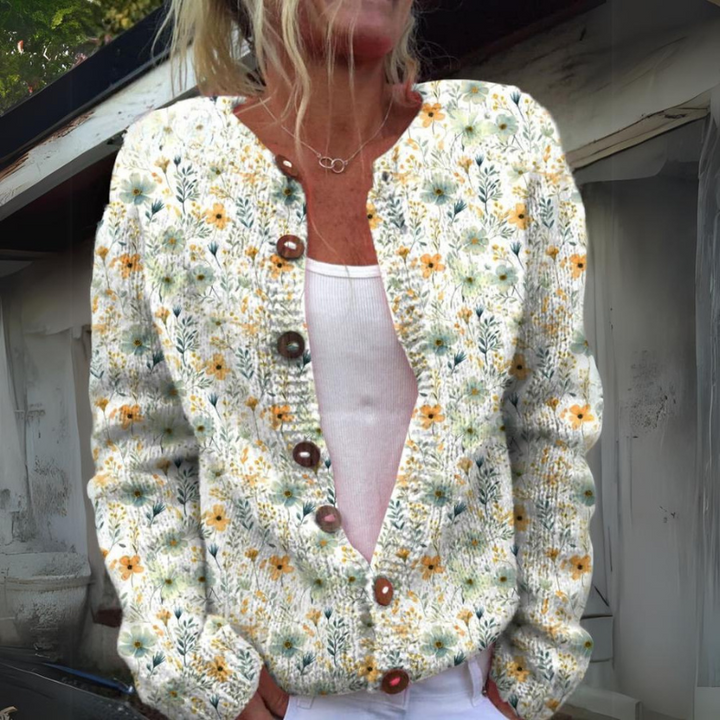 Cardigan donna girocollo a manica lunga, con abbottonatura e fantasia floreale per comfort casual.