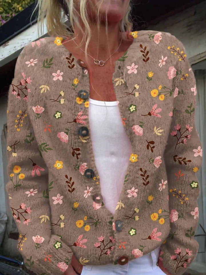 Cardigan donna versatile, fantasia floreale, perfetto per comfort quotidiano in primavera e autunno.