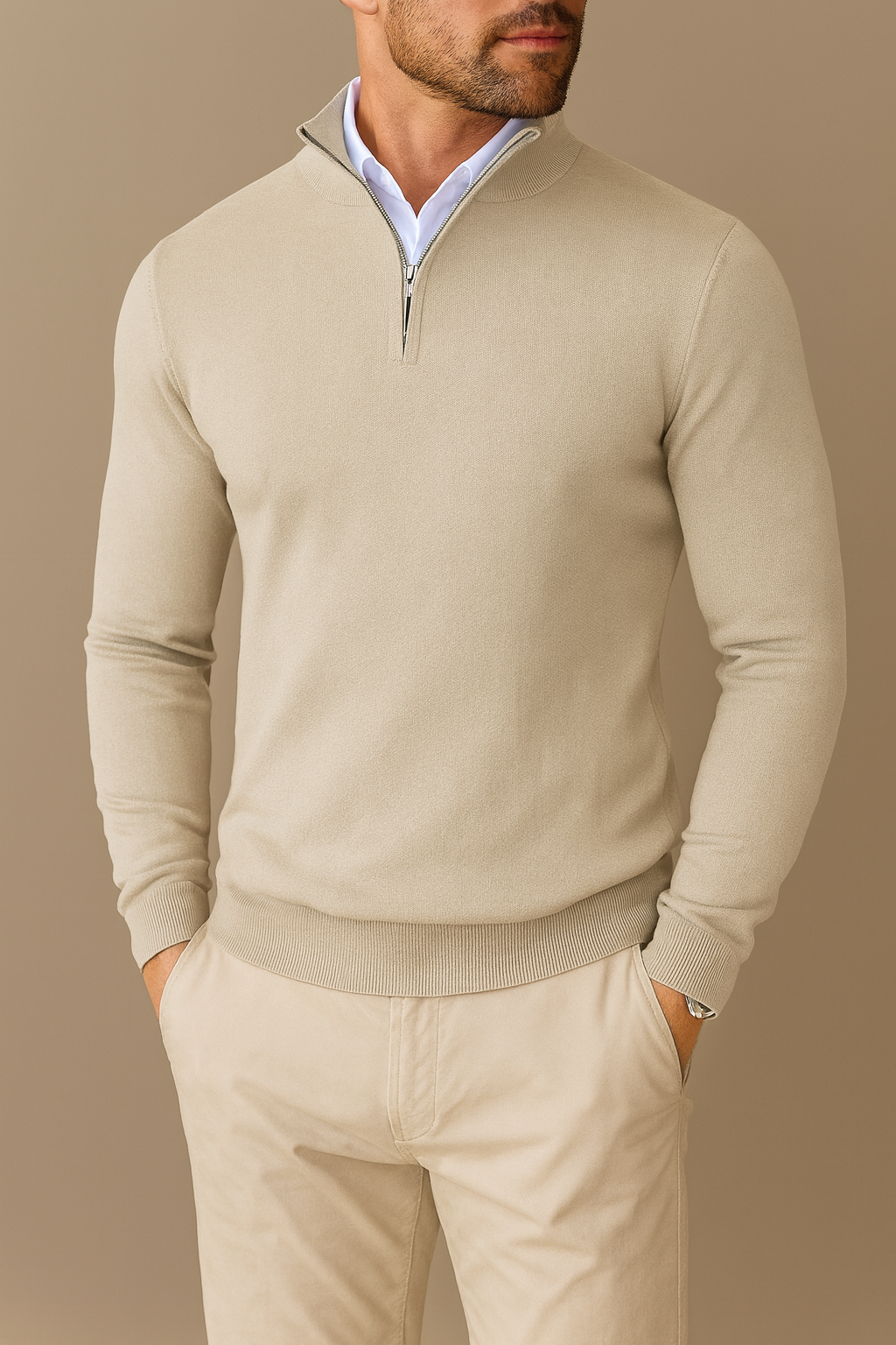 Morbido maglione uomo in maglia con zip a un quarto, offre comfort e calore per autunno/inverno.