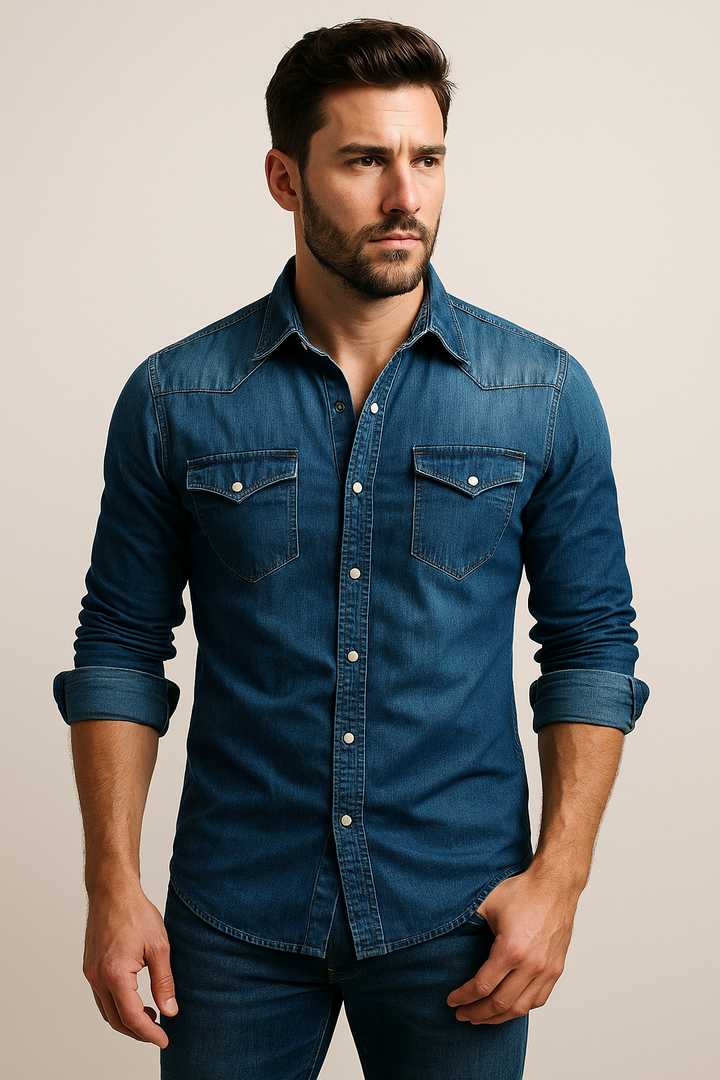 Elegante camicia da uomo slim fit in denim azzurro, con bottoni a pressione. Abbigliamento versatile per un outfit primaverile/estivo.