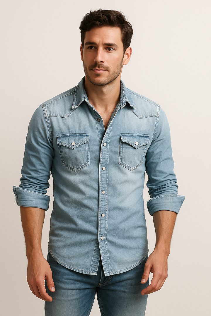 Camicia in denim slim fit da uomo blu, con bottoni automatici. Perfetta per un look casual e alla moda, ideale per ogni stagione.