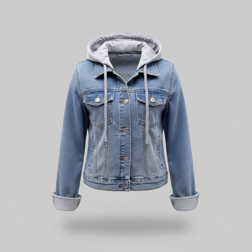 Giacca in denim oversize da donna blu, con cappuccio rimovibile. Ideale per un look casual e confortevole.