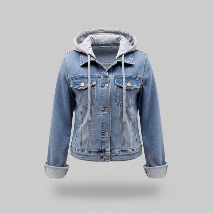 Giacca in denim oversize da donna blu, con cappuccio rimovibile. Ideale per un look casual e confortevole.