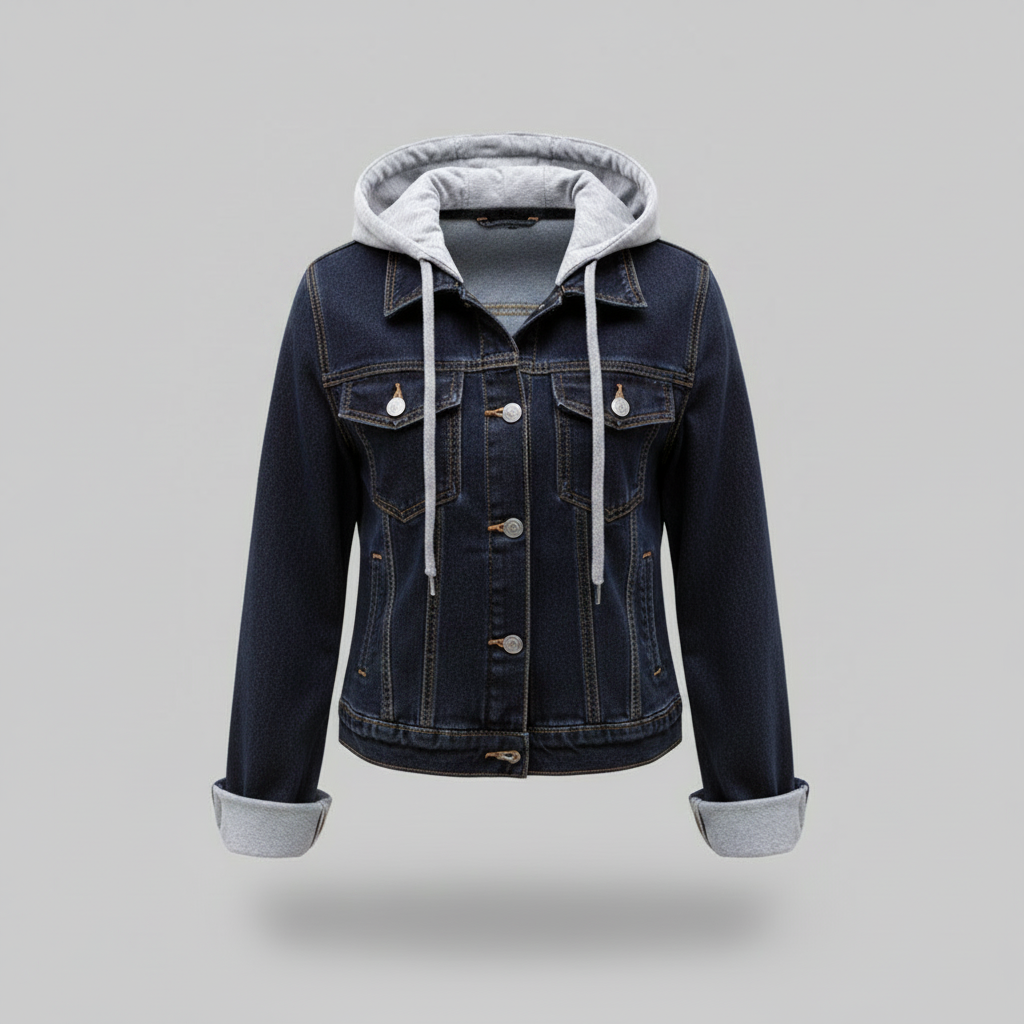 Elegante giacca denim donna celeste, con cappuccio rimovibile e bottoni. Perfetta per ogni outfit casual.