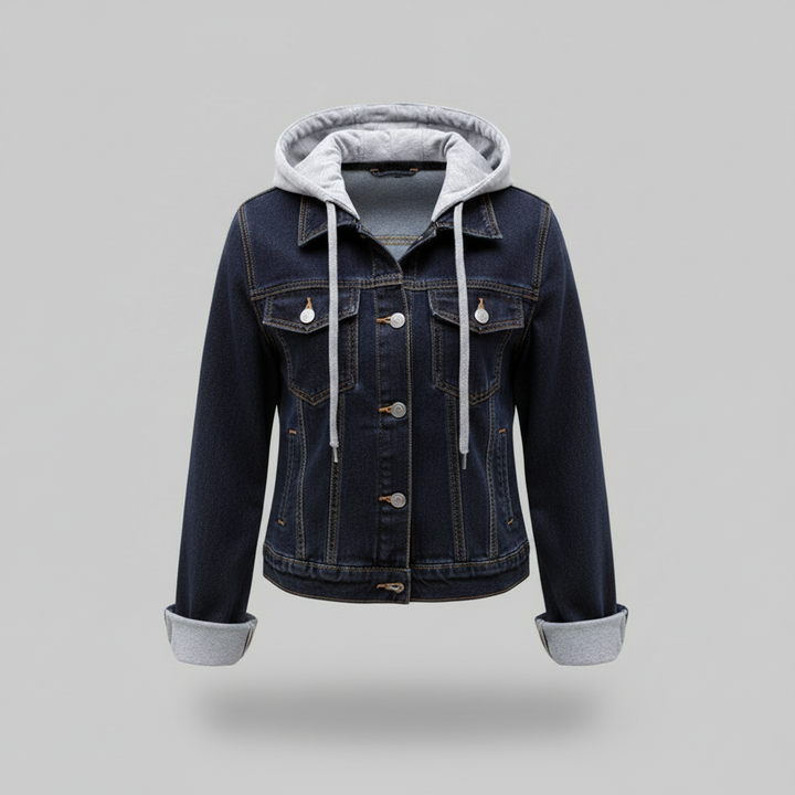 Elegante giacca denim donna celeste, con cappuccio rimovibile e bottoni. Perfetta per ogni outfit casual.
