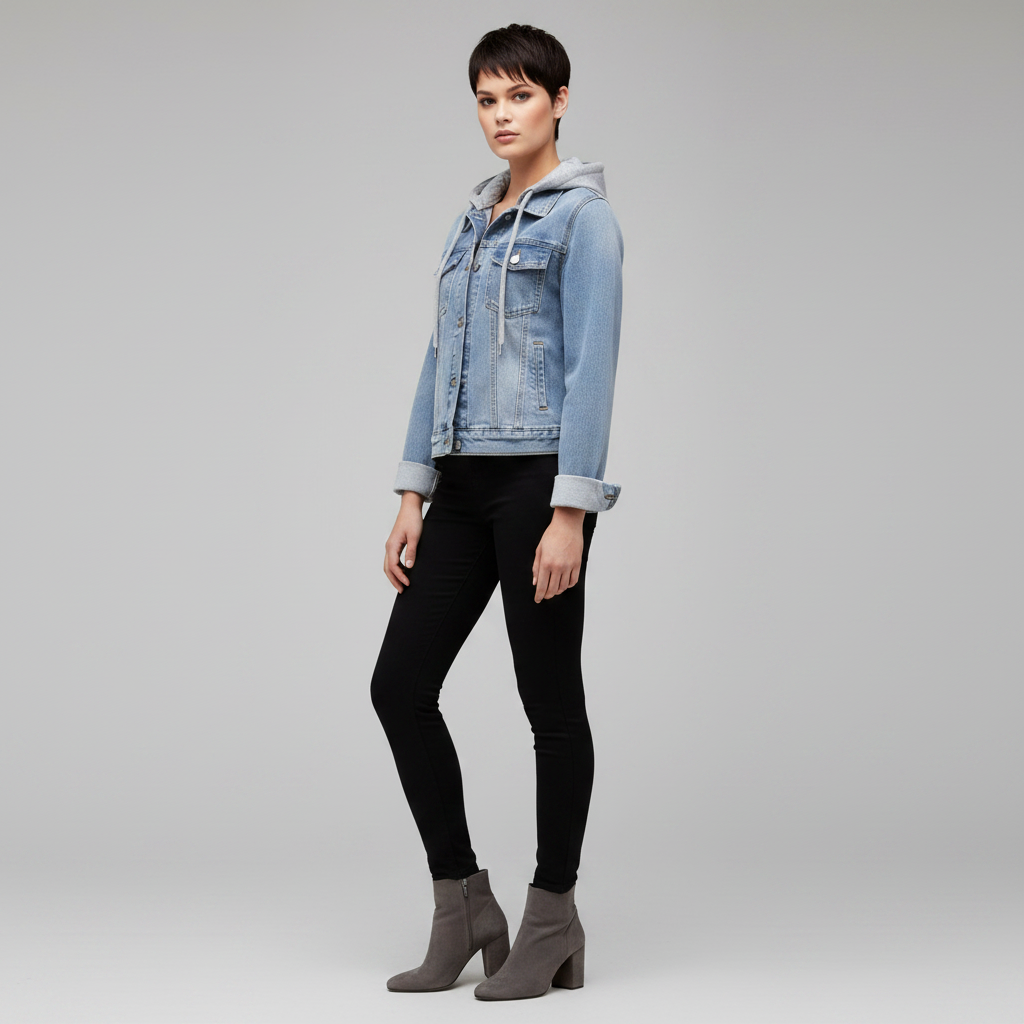 Giacca denim da donna blu casual oversize, con cappuccio grigio rimovibile e chiusura a bottoni.
