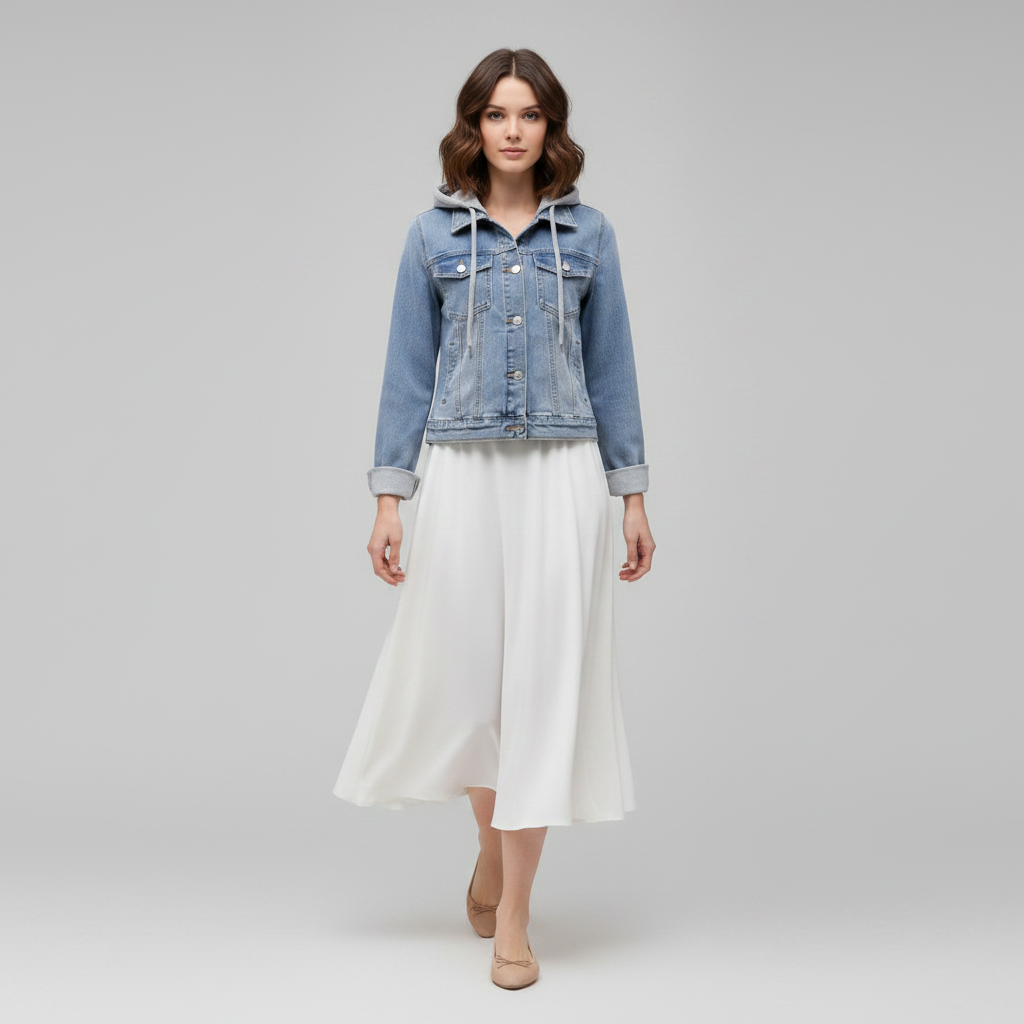 Giacca in denim celeste da donna, con pratico cappuccio rimovibile. Perfetta per un look casual versatile.