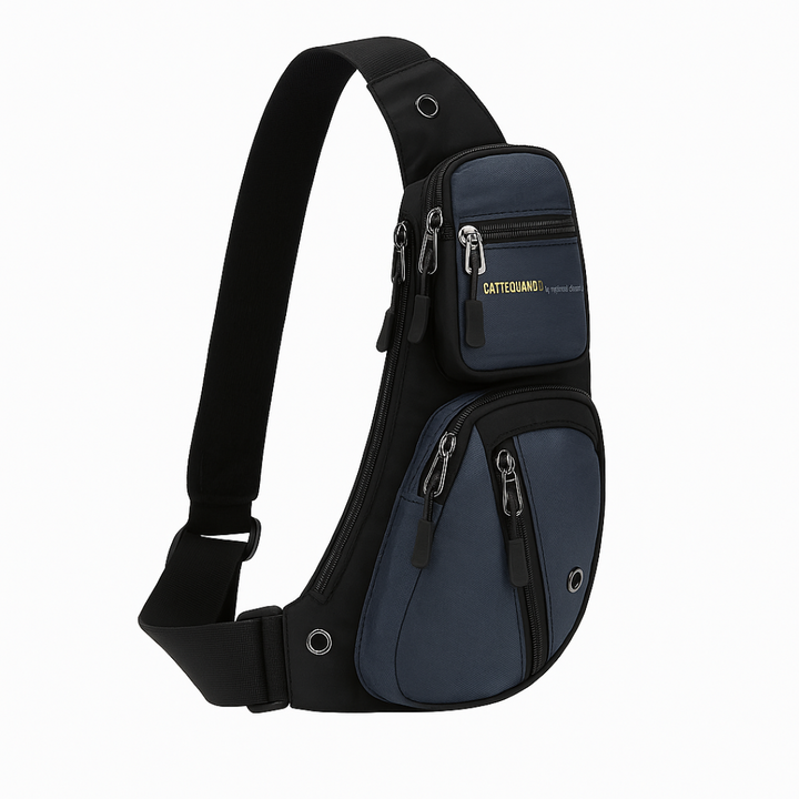 Borsa monospalla unisex nera multitasche con tracolla regolabile, ideale per uso quotidiano e viaggi. Pratica e versatile.