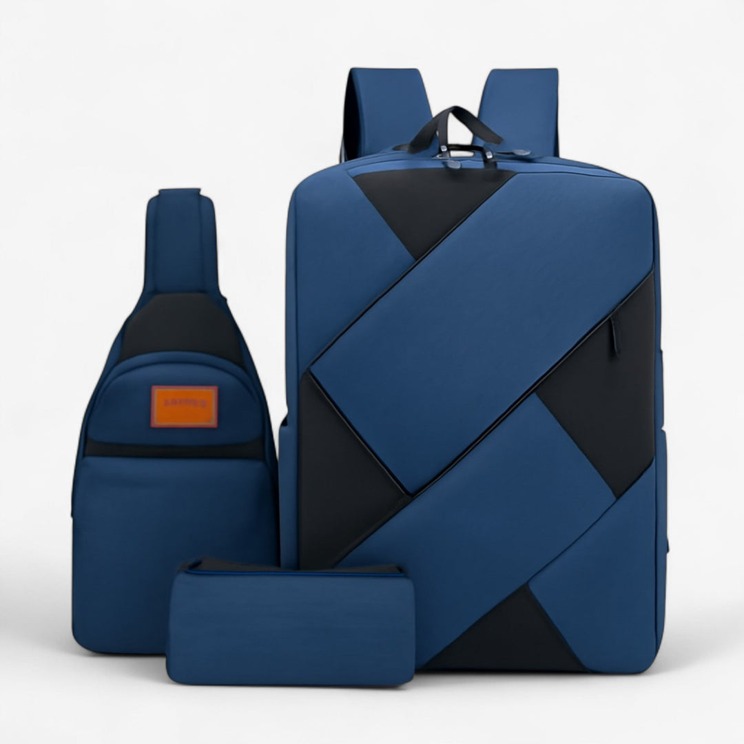 Set zaino donna 3-in-1 grigio, include borsa spalla e pochette, ideale per viaggio e uso quotidiano.