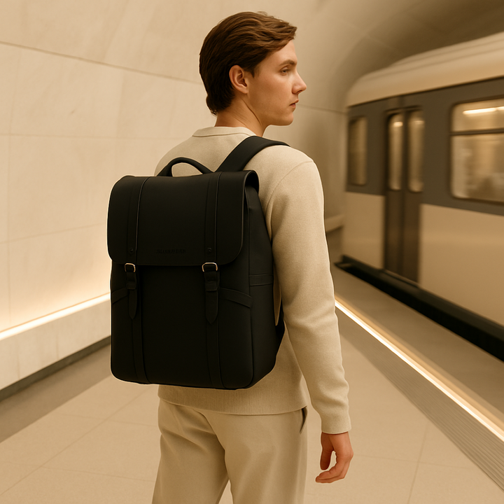 Zaino da lavoro uomo nero, minimalista ed elegante. Borsa porta laptop versatile, perfetta per professionisti.