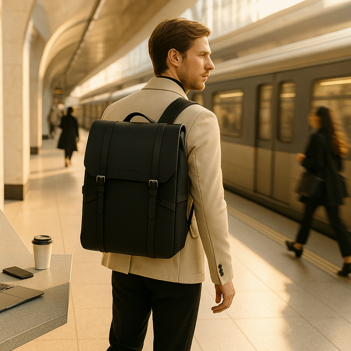 Zaino uomo nero con design minimalista per viaggi o lavoro. Scomparto imbottito per laptop e accessori uomo.