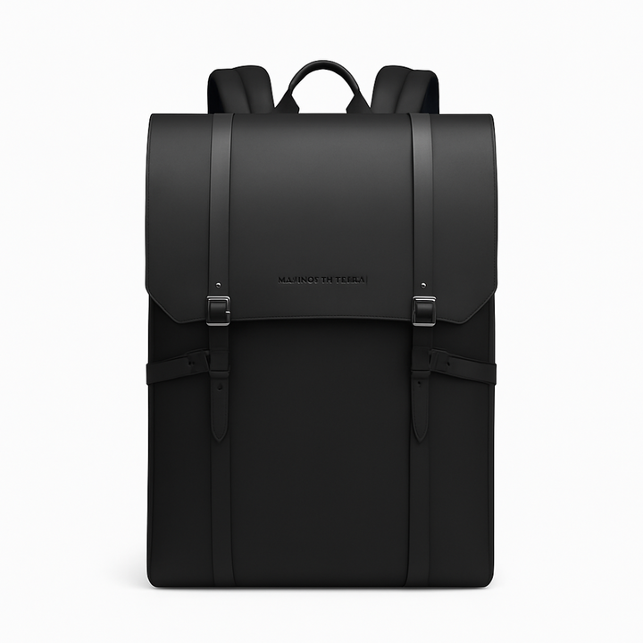 Zaino uomo nero minimalista per laptop, ideale per lavoro e ufficio, con scomparti interni ben organizzati.