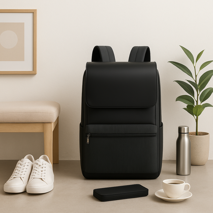 Primo piano di zaino uomo nero opaco, con design pulito ed elegante. Perfetto per un look contemporaneo.