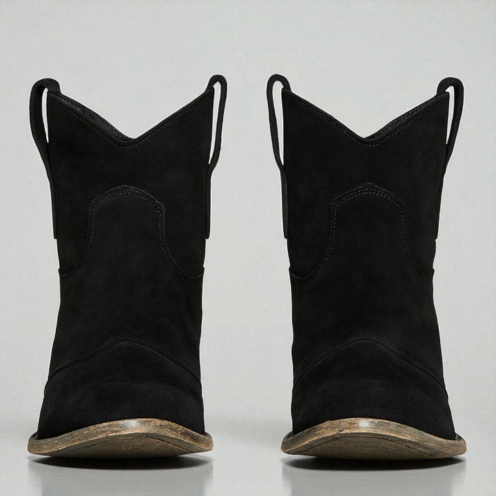 Stivaletti donna western alla moda con tacco largo, calzature versatili per autunno e inverno.