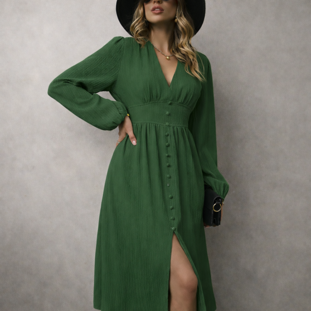 Elegante abito midi donna vintage beige con scollo a V profondo, maniche lunghe e spacco. Ideale per serate autunnali.