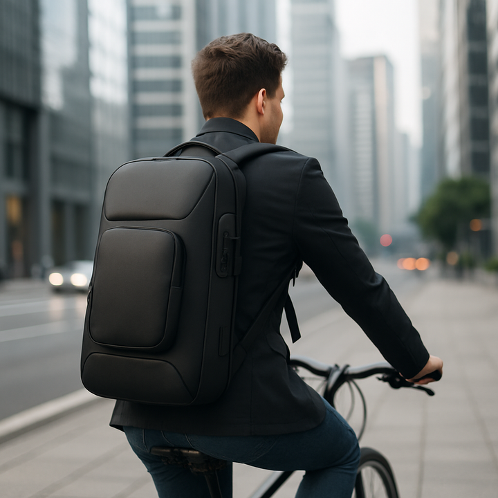 Moderno zaino porta laptop uomo nero con USB, perfetto per universitari e giovani professionisti.