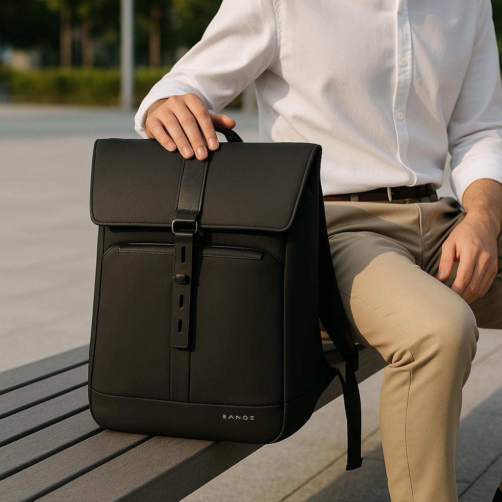 Zaino da lavoro nero per uomo con tasche multiple per laptop, tablet e oggetti personali. Un accessorio versatile.