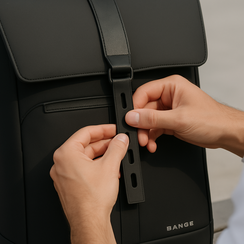Moderno zaino nero da uomo per laptop, ideale per un look business casual. Ottimo per lavoro, viaggio e tempo libero.