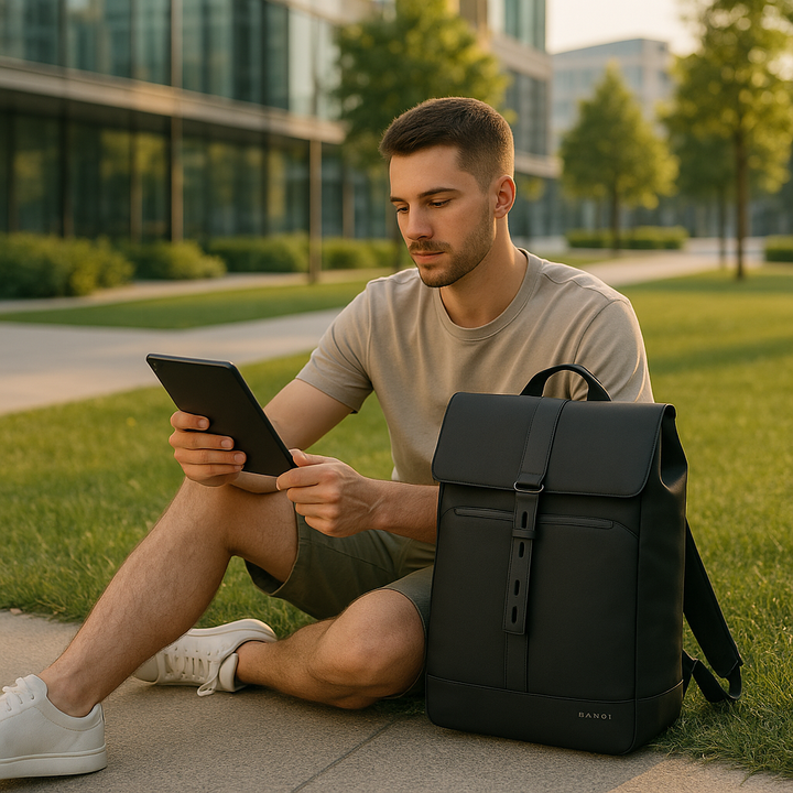 Zaino da uomo nero, capiente e ben organizzato, perfetto per professionisti in viaggio. Comodo e resistente.