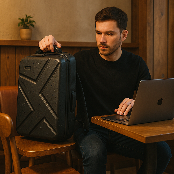 Vista interna zaino uomo rigido espandibile. Ampio scomparto per laptop e vestiti, organizzazione ottimale.