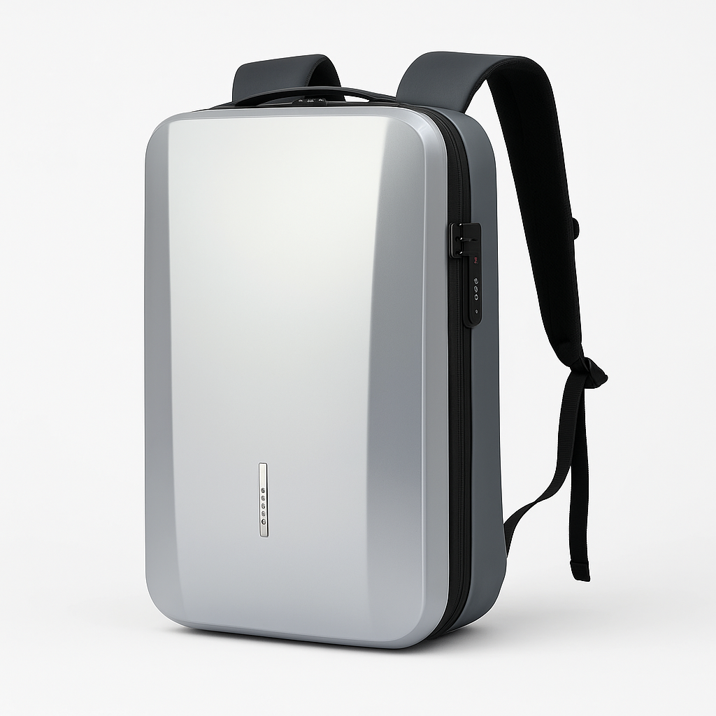 Zaino rigido protettivo grigio argento, unisex, con porta USB per laptop e tablet. Ottimo per business travel.
