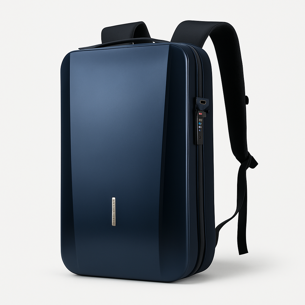 Zaino da viaggio rigido blu con porta USB, scomparto imbottito per laptop 15.6". Resistente e comodo.