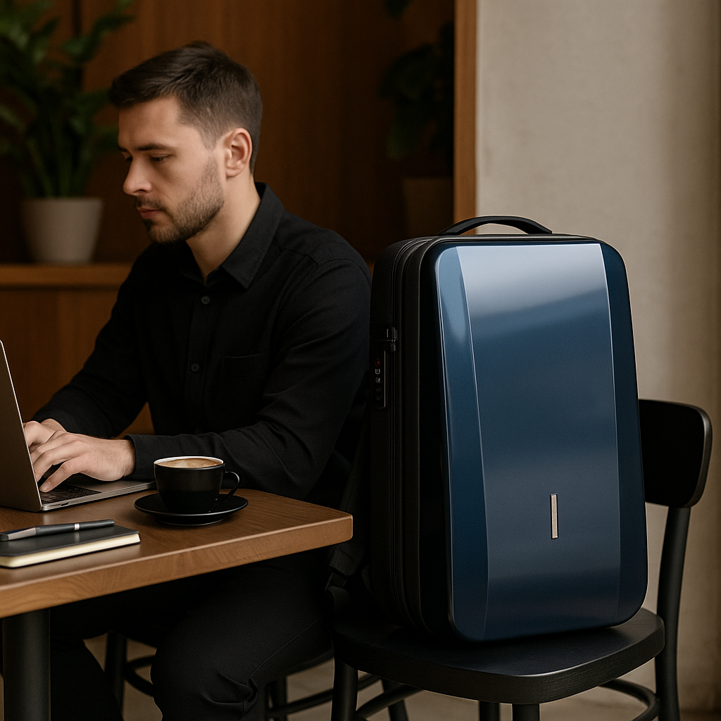 Zaino rigido ed elegante, unisex, con porta USB integrata per laptop, colore bianco argento. Per uso professionale.