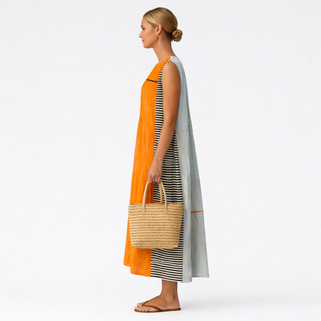 Abito midi color block e righe per donna, versatile e fresco in cotone viscosa, perfetto per un look estivo.