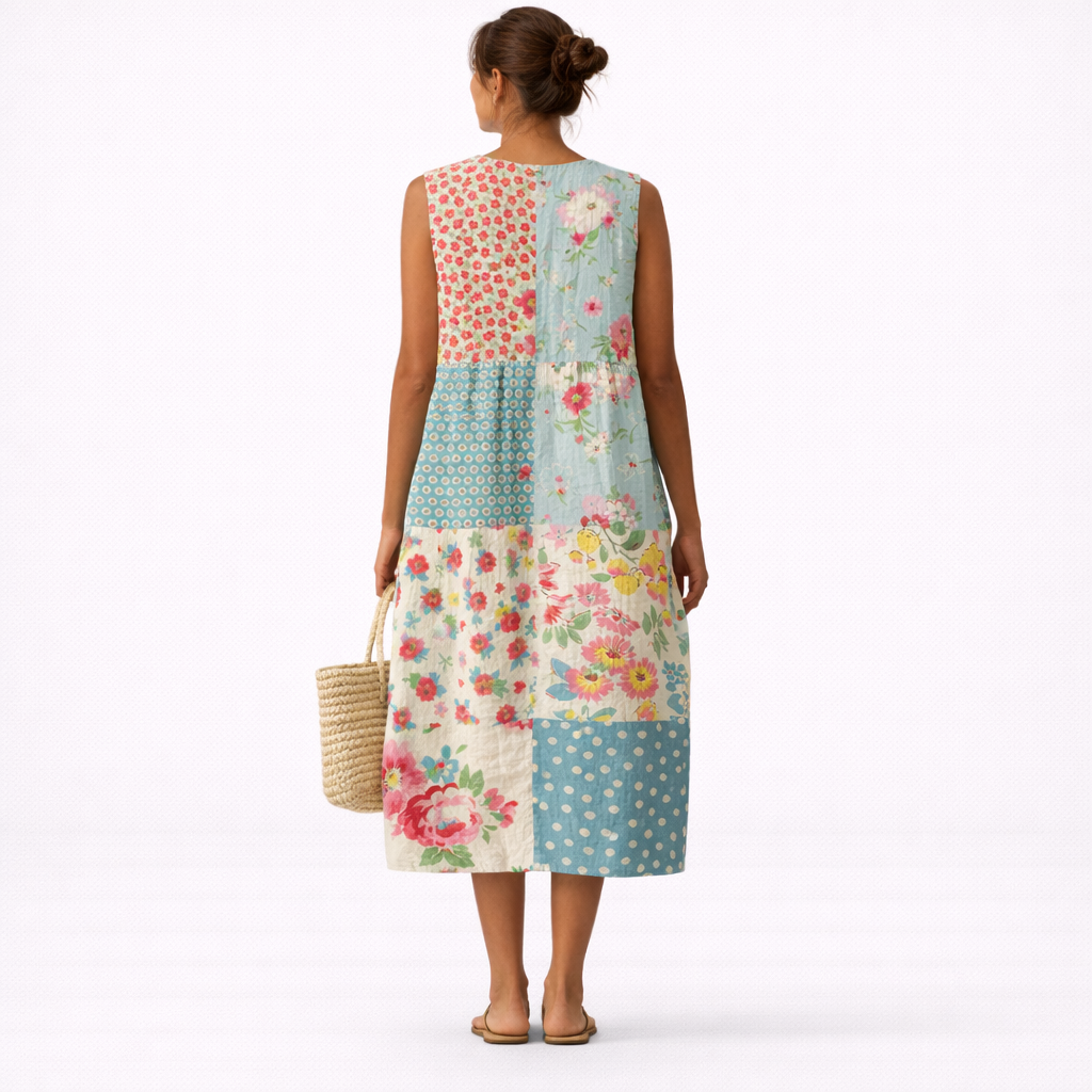 Abito donna senza maniche, stampa floreale patchwork, comodo e trendy, ideale per la moda estiva casual.